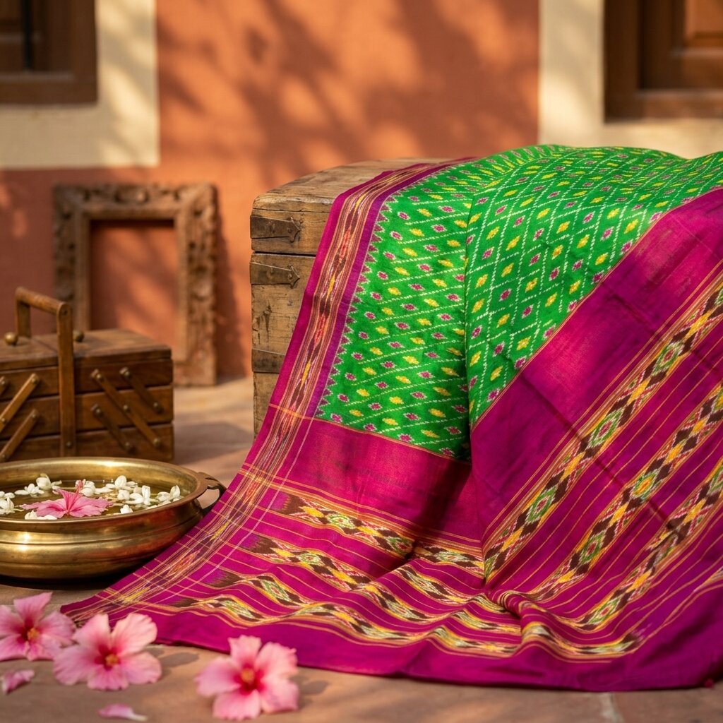 Sanskriti Vintage GreenPure Silk Saree Double Ikat Hand Woven Pochampally Sari