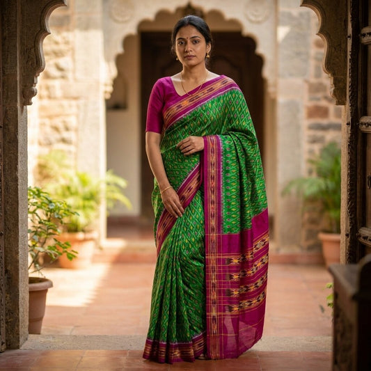 Sanskriti Vintage GreenPure Silk Saree Double Ikat Hand Woven Pochampally Sari