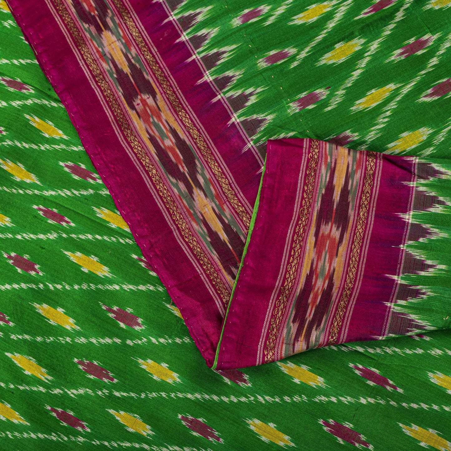 Sanskriti Vintage GreenPure Silk Saree Double Ikat Hand Woven Pochampally Sari