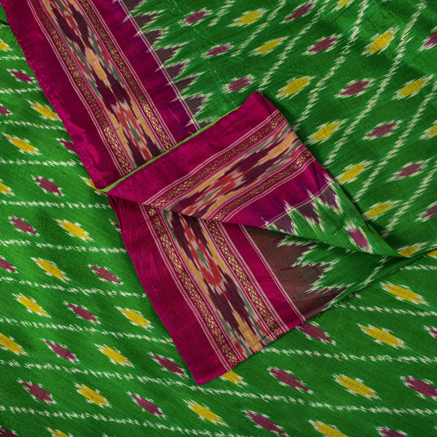Sanskriti Vintage GreenPure Silk Saree Double Ikat Hand Woven Pochampally Sari