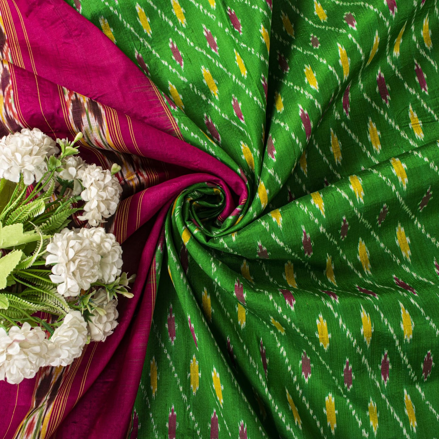 Sanskriti Vintage GreenPure Silk Saree Double Ikat Hand Woven Pochampally Sari