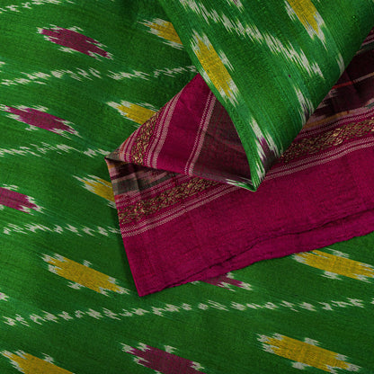 Sanskriti Vintage GreenPure Silk Saree Double Ikat Hand Woven Pochampally Sari