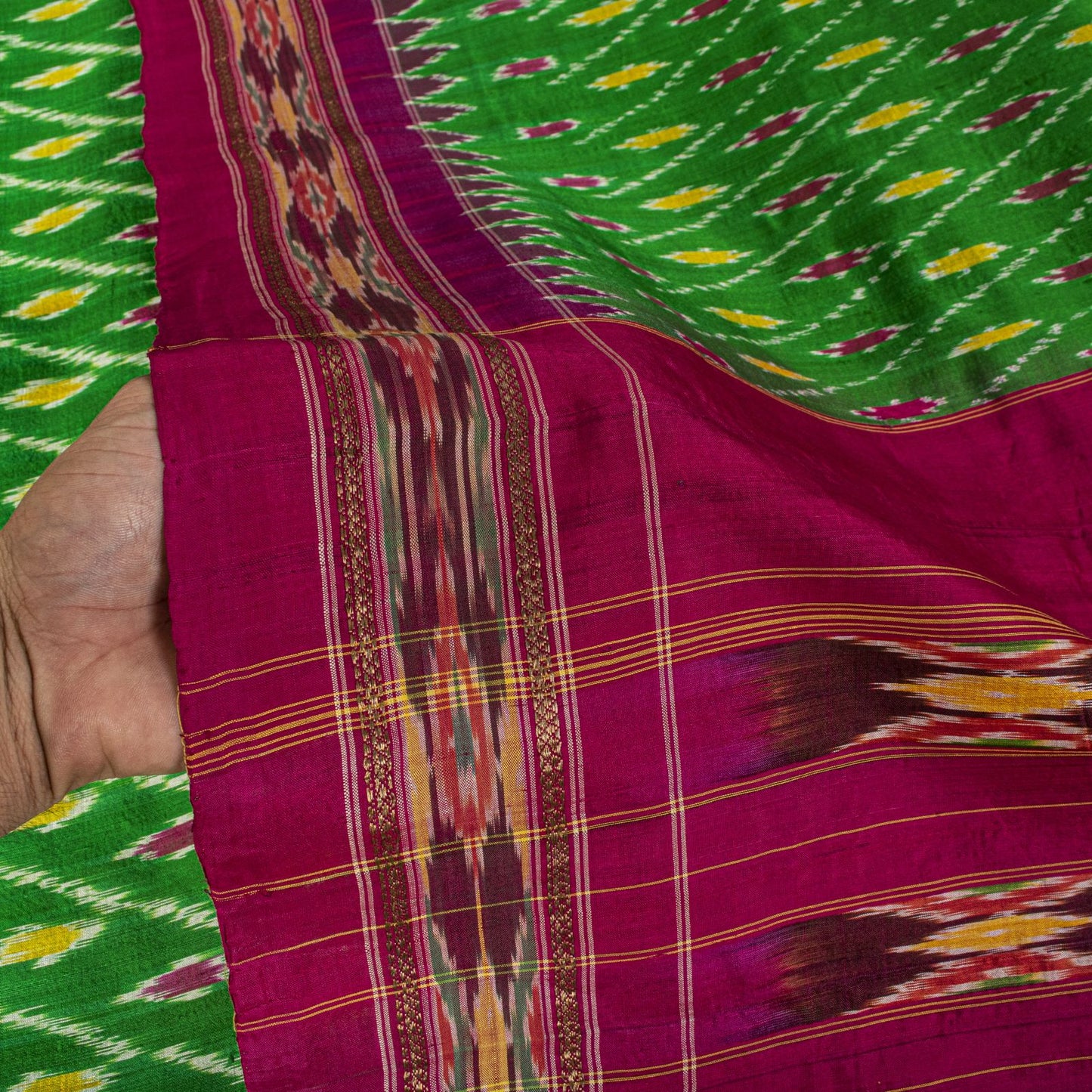 Sanskriti Vintage GreenPure Silk Saree Double Ikat Hand Woven Pochampally Sari