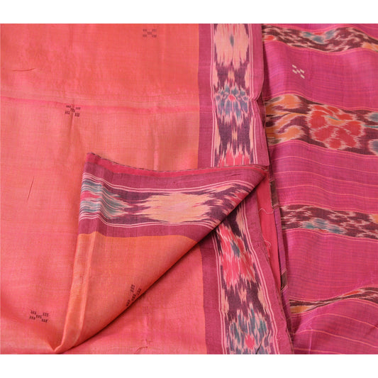 Sanskriti Vintage Indian Saree Woven Patola Sari Fabric Pure Silk Soft Peach