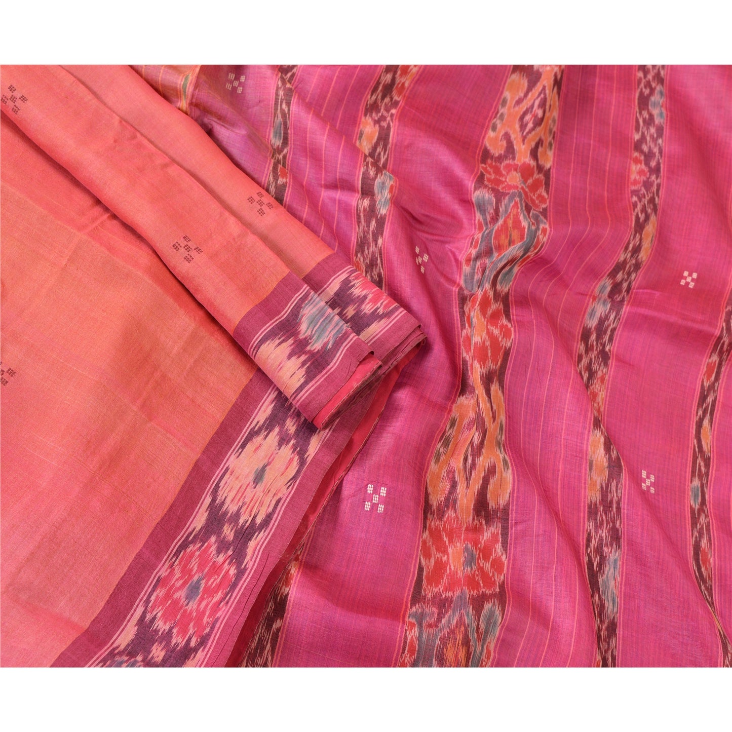 Sanskriti Vintage Indian Saree Woven Patola Sari Fabric Pure Silk Soft Peach