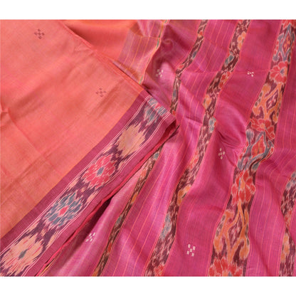 Sanskriti Vintage Indian Saree Woven Patola Sari Fabric Pure Silk Soft Peach