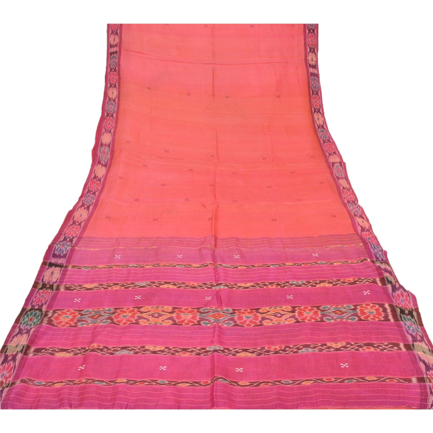 Sanskriti Vintage Indian Saree Woven Patola Sari Fabric Pure Silk Soft Peach