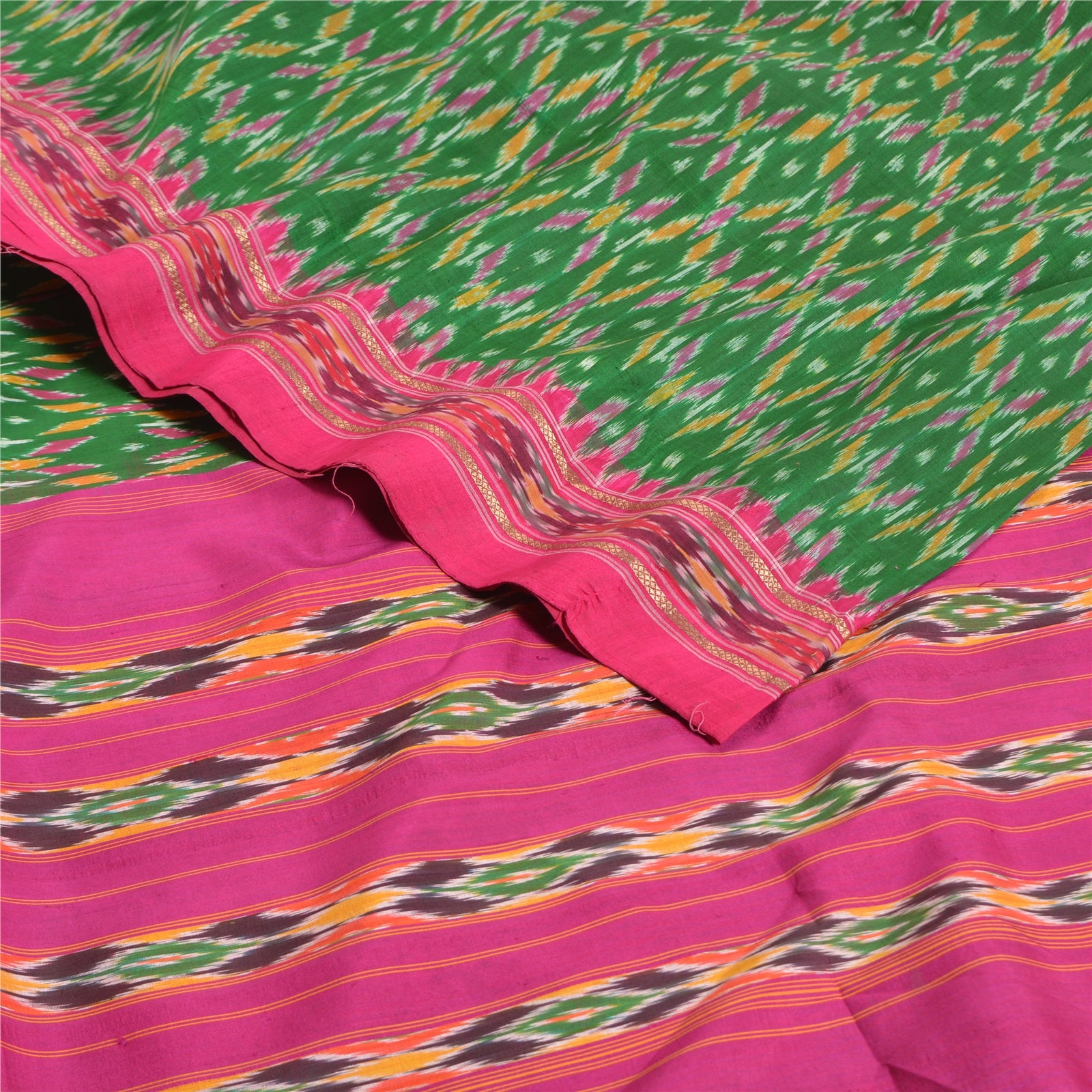 Sanskriti Vintage Saree Green Pochampally Hand Woven Ikat Pure Silk Sari Fabric