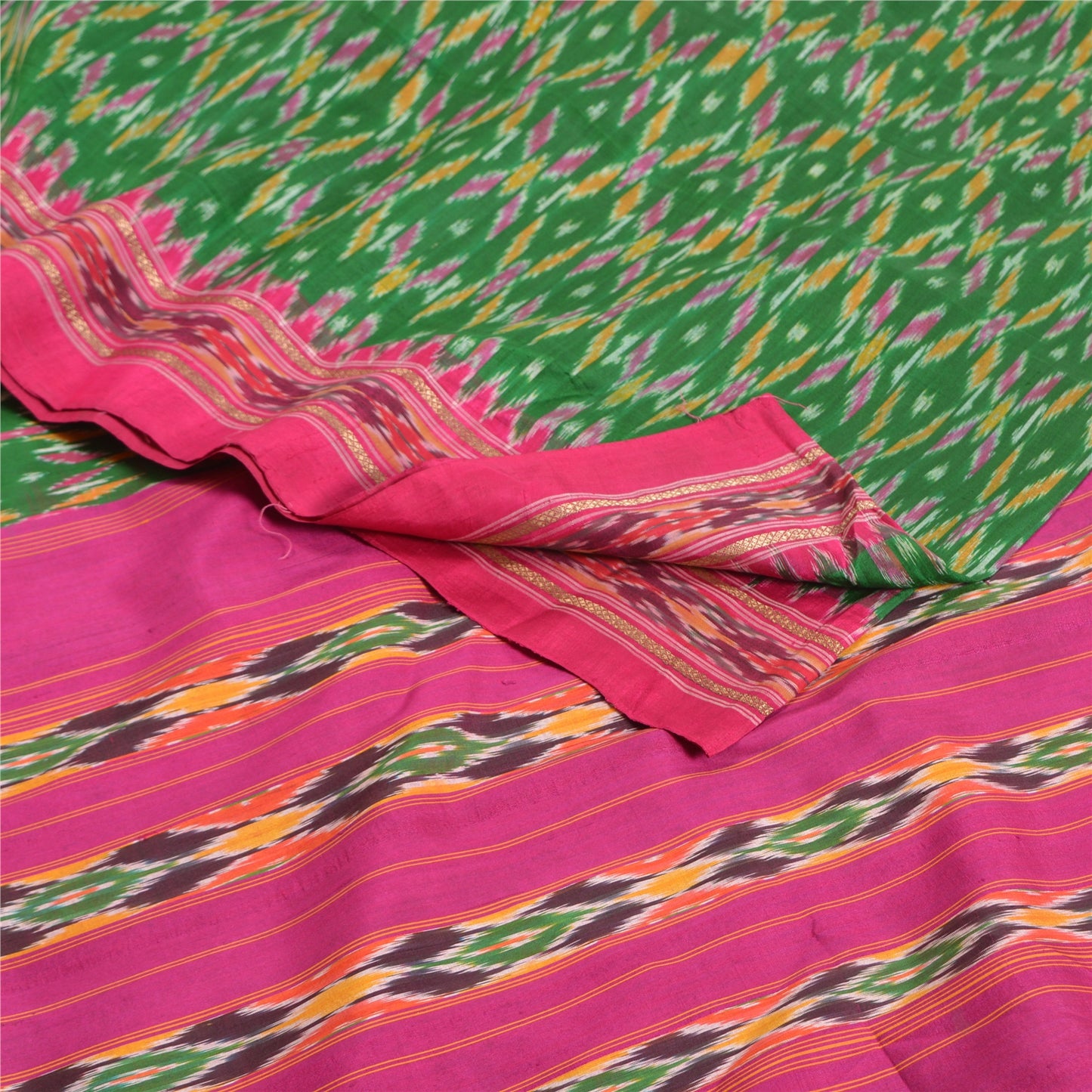 Sanskriti Vintage Saree Green Pochampally Hand Woven Ikat Pure Silk Sari Fabric