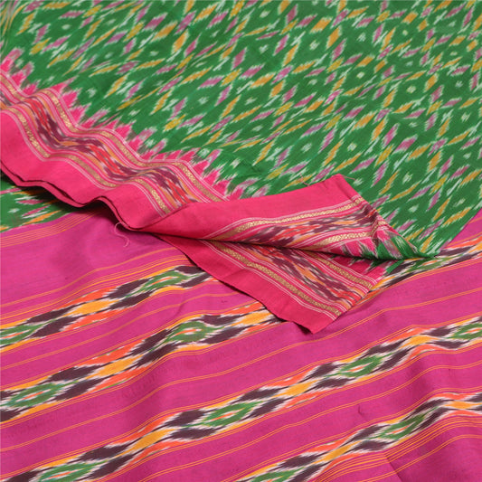 Sanskriti Vintage Saree Green Pochampally Hand Woven Ikat Pure Silk Sari Fabric