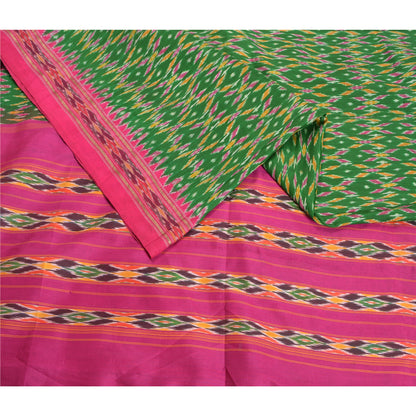 Sanskriti Vintage Saree Green Pochampally Hand Woven Ikat Pure Silk Sari Fabric