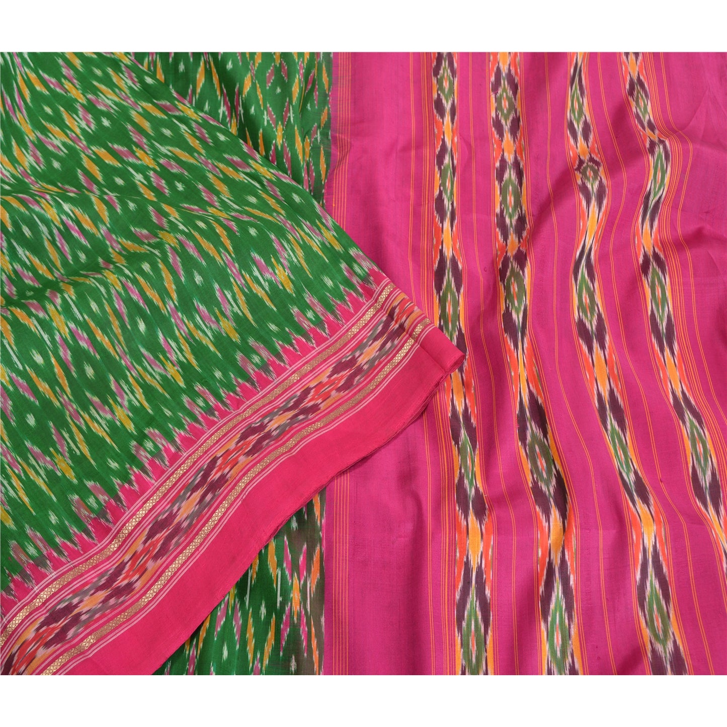 Sanskriti Vintage Saree Green Pochampally Hand Woven Ikat Pure Silk Sari Fabric