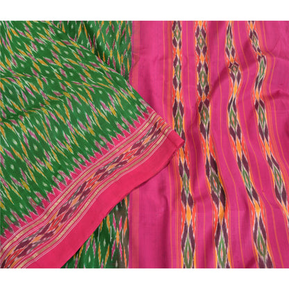 Sanskriti Vintage Saree Green Pochampally Hand Woven Ikat Pure Silk Sari Fabric