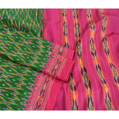 Sanskriti Vintage Saree Green Pochampally Hand Woven Ikat Pure Silk Sari Fabric