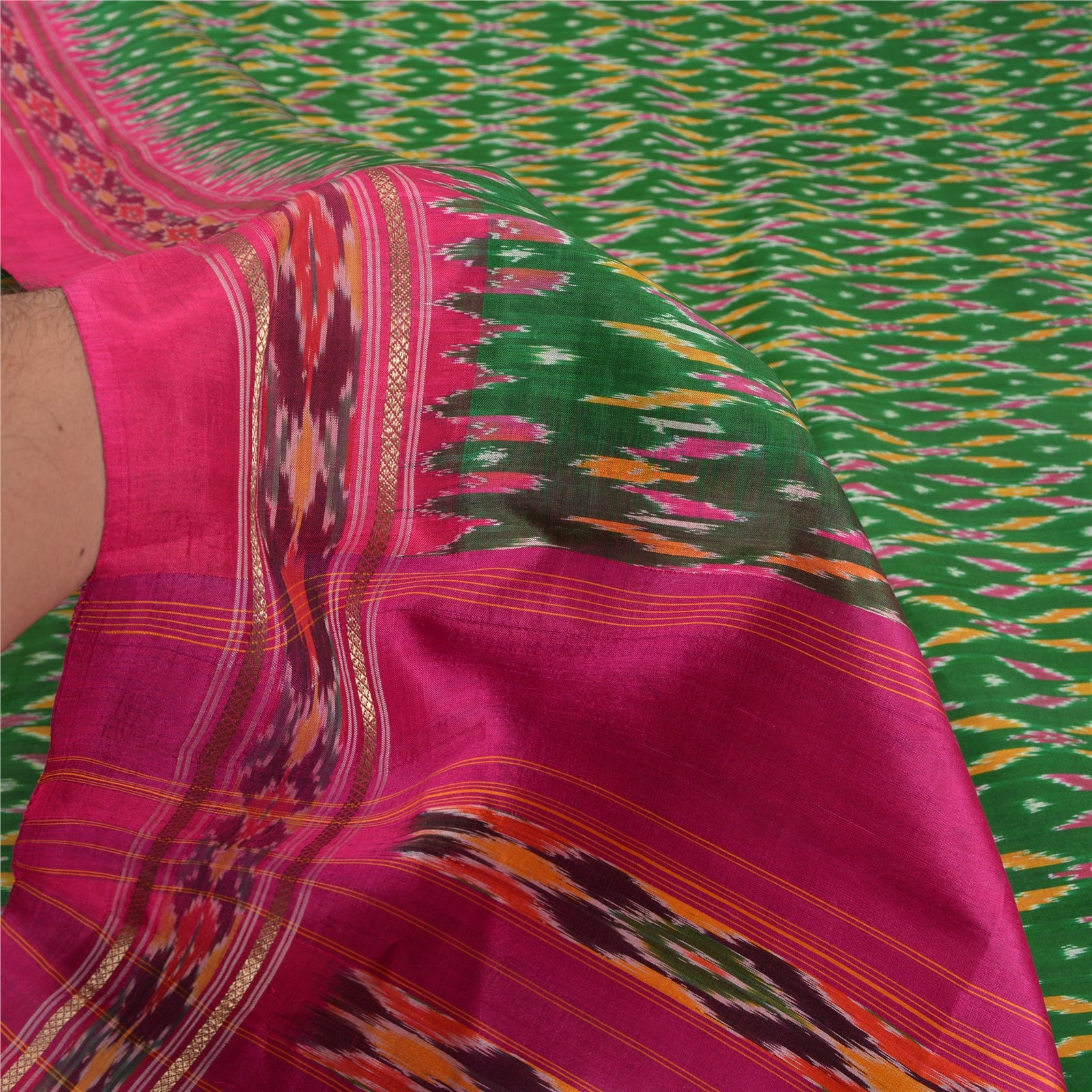 Sanskriti Vintage Saree Green Pochampally Hand Woven Ikat Pure Silk Sari Fabric