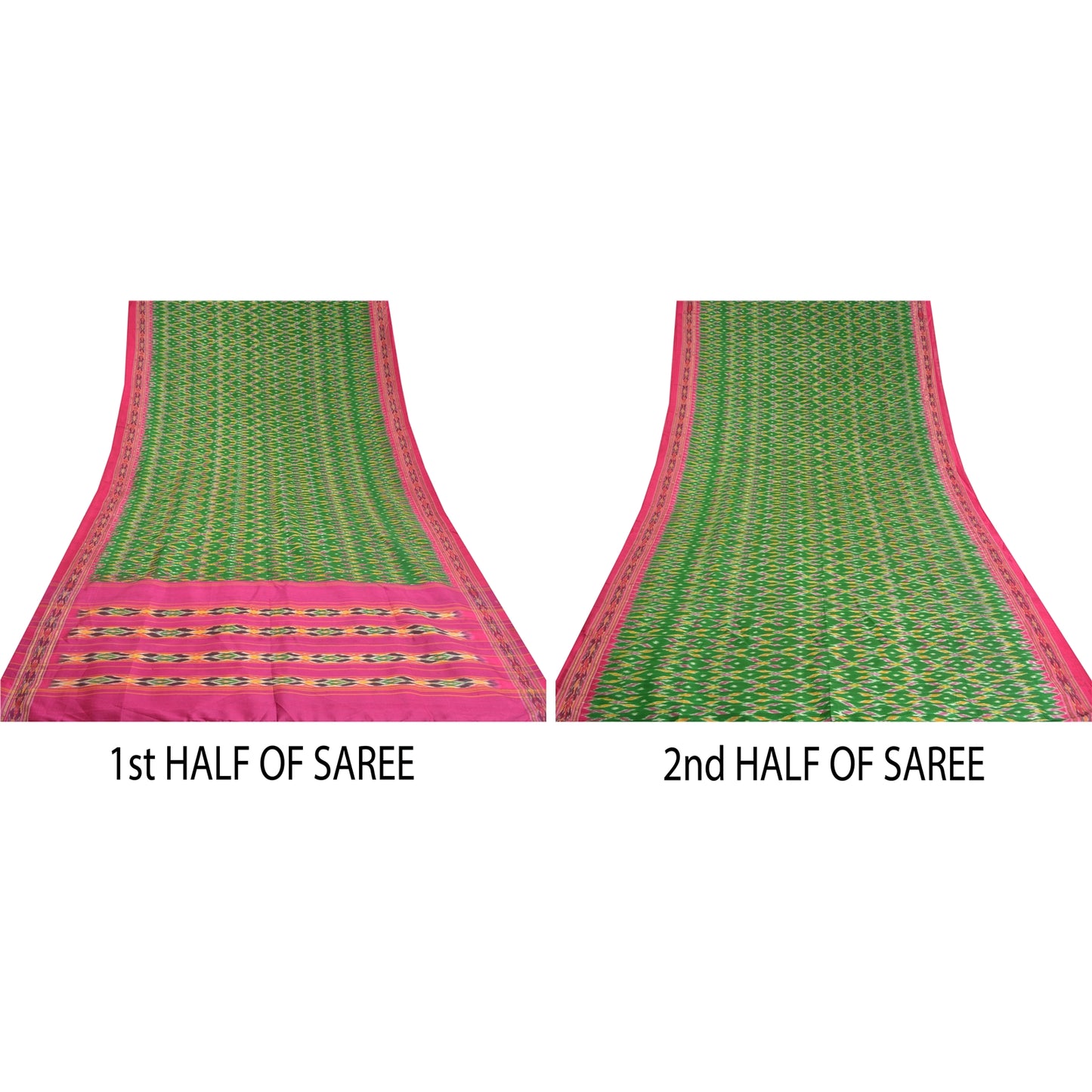 Sanskriti Vintage Saree Green Pochampally Hand Woven Ikat Pure Silk Sari Fabric