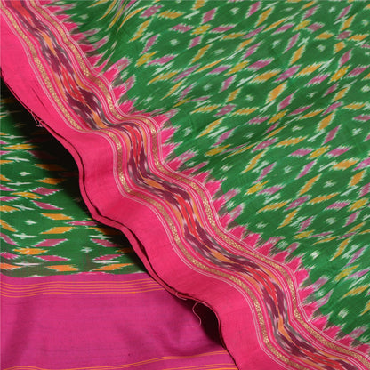Sanskriti Vintage Saree Green Pochampally Hand Woven Ikat Pure Silk Sari Fabric