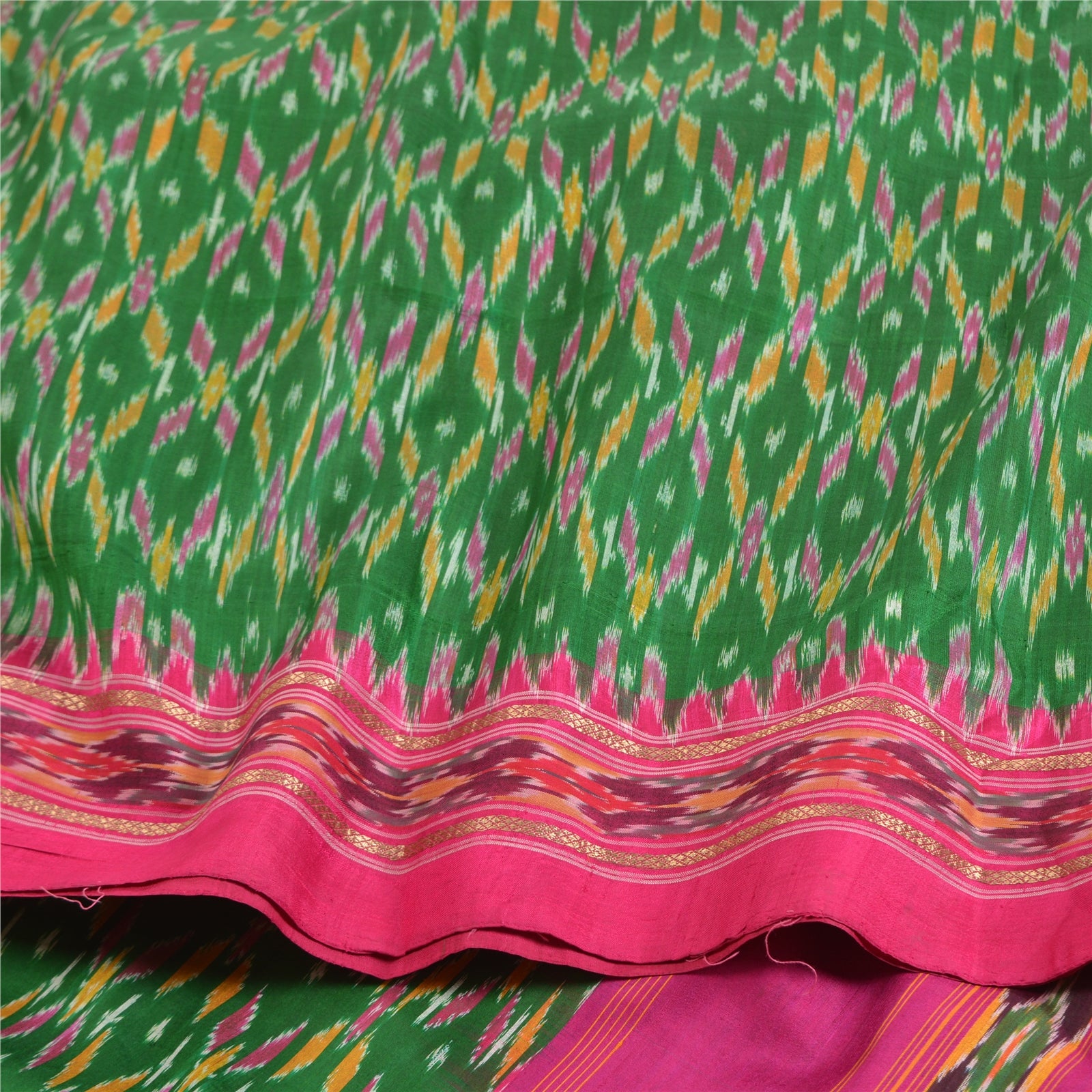 Sanskriti Vintage Saree Green Pochampally Hand Woven Ikat Pure Silk Sari Fabric