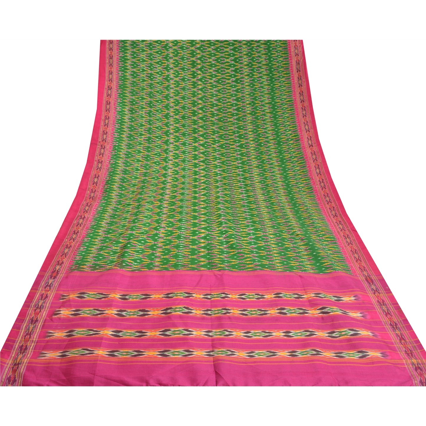 Sanskriti Vintage Saree Green Pochampally Hand Woven Ikat Pure Silk Sari Fabric