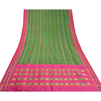 Sanskriti Vintage Saree Green Pochampally Hand Woven Ikat Pure Silk Sari Fabric