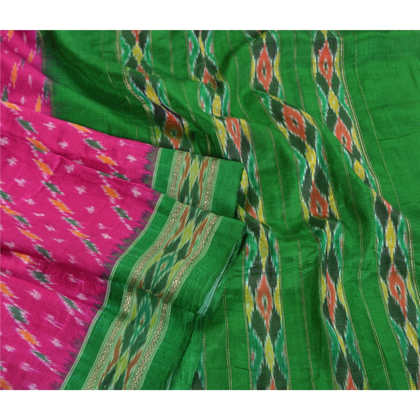 Sanskriti Vintage Saree Pink Pochampally Hand Woven Ikat Pure Silk Sari Fabric