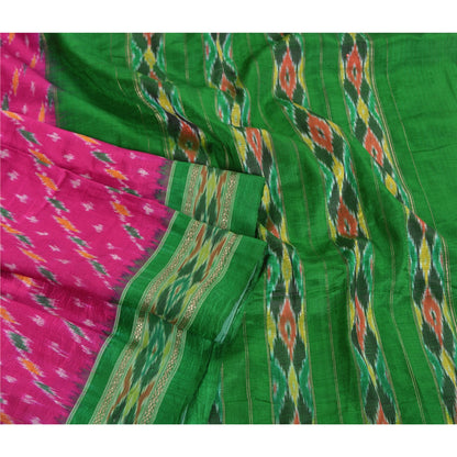 Sanskriti Vintage Saree Pink Pochampally Hand Woven Ikat Pure Silk Sari Fabric