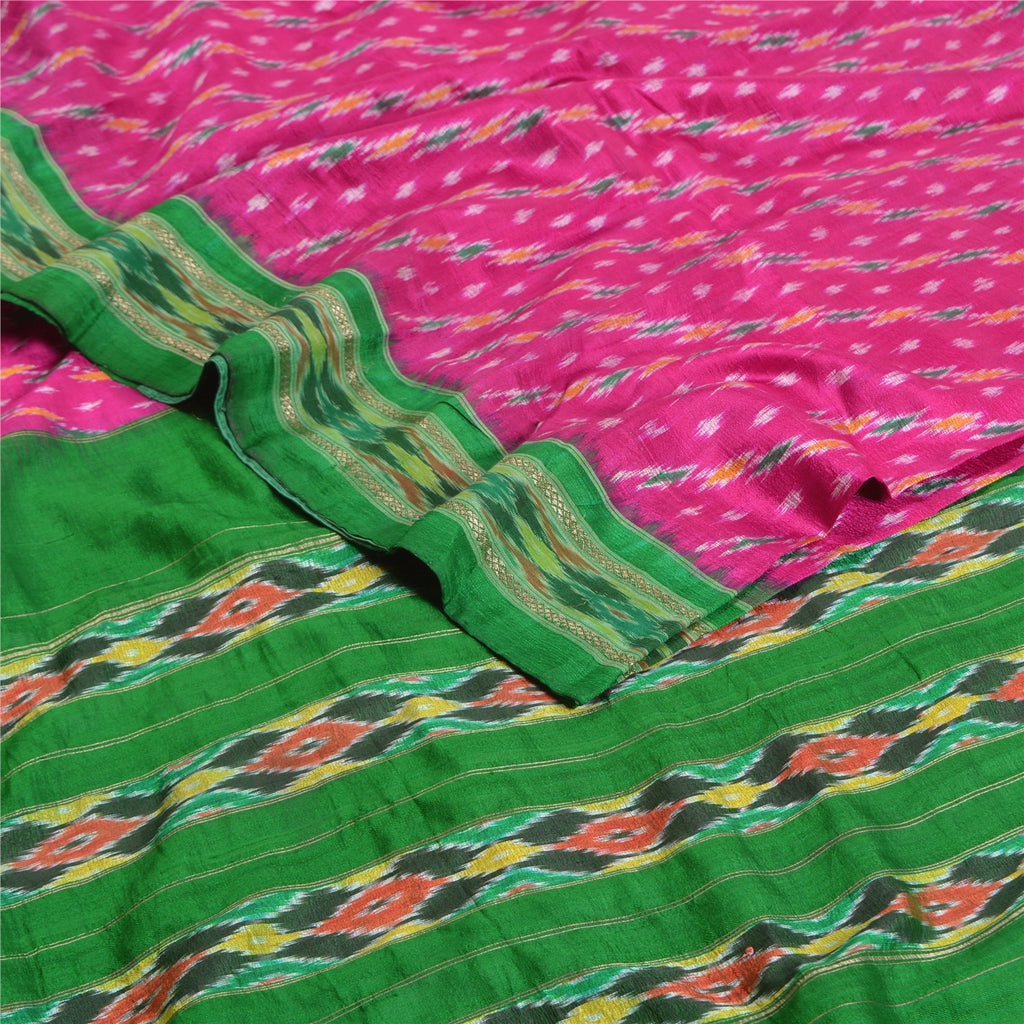 Sanskriti Vintage Saree Pink Pochampally Hand Woven Ikat Pure Silk Sari Fabric