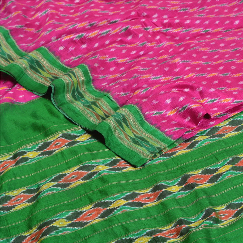 Sanskriti Vintage Pink Silk Sari Fabric: Woven Ikat Pochampally Design, 5yd by upholstery fabric