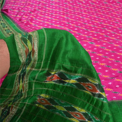 Sanskriti Vintage Saree Pink Pochampally Hand Woven Ikat Pure Silk Sari Fabric