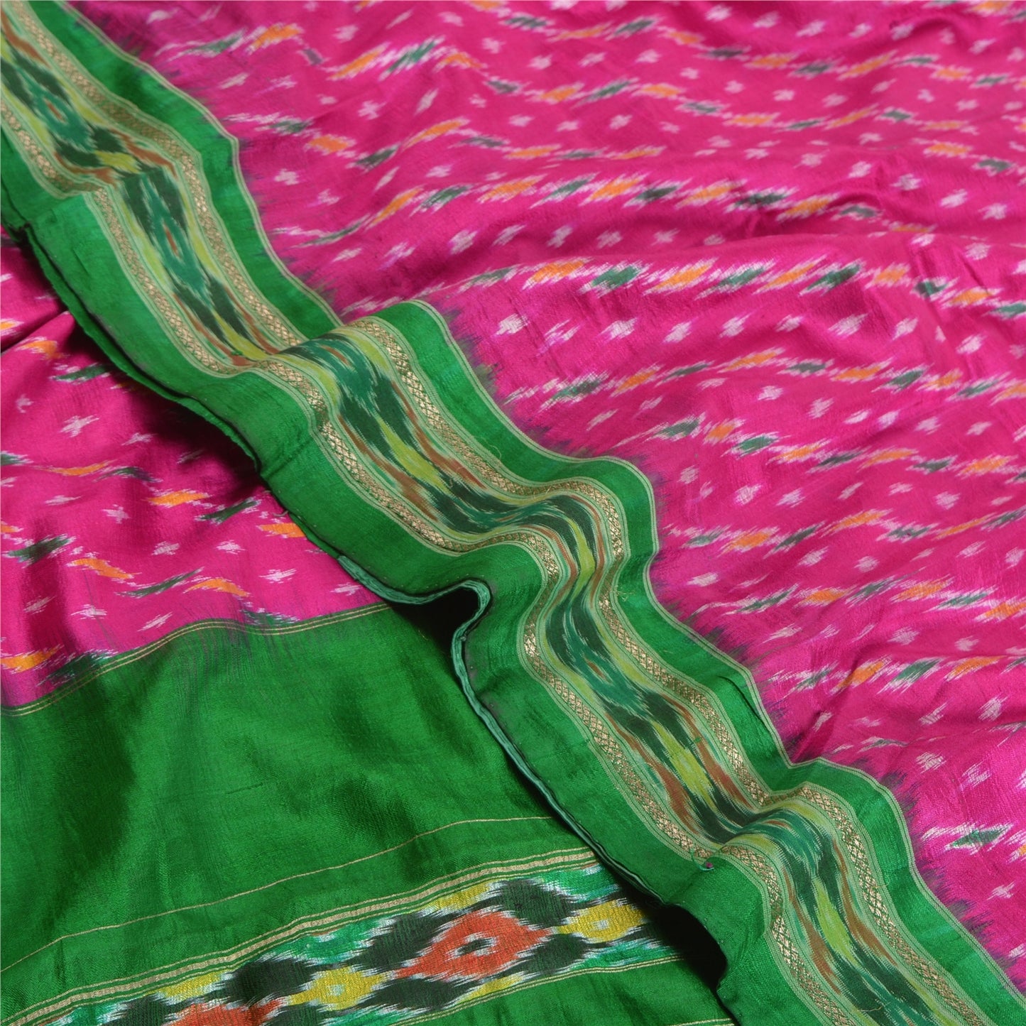 Sanskriti Vintage Saree Pink Pochampally Hand Woven Ikat Pure Silk Sari Fabric