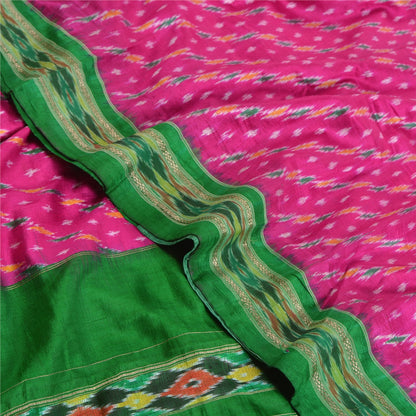 Sanskriti Vintage Saree Pink Pochampally Hand Woven Ikat Pure Silk Sari Fabric