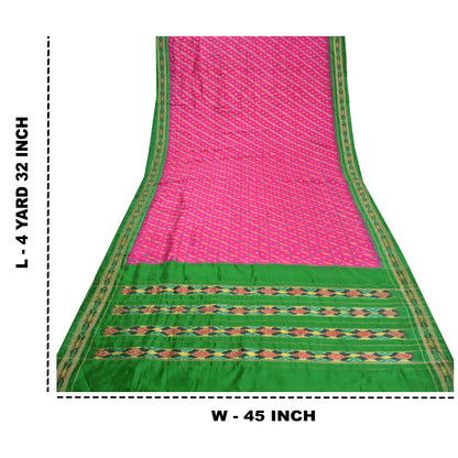 Sanskriti Vintage Saree Pink Pochampally Hand Woven Ikat Pure Silk Sari Fabric