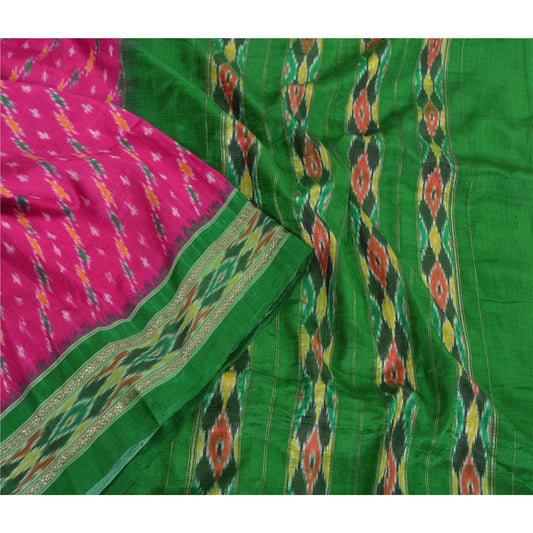 Sanskriti Vintage Saree Pink Pochampally Hand Woven Ikat Pure Silk Sari Fabric