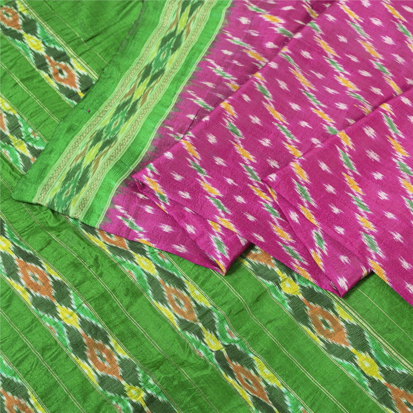 Sanskriti Vintage Saree Pink Pochampally Hand Woven Ikat Pure Silk Sari Fabric