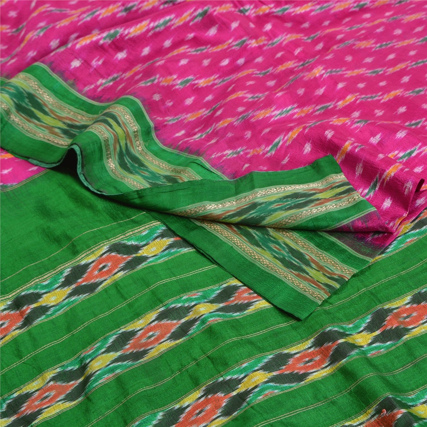 Sanskriti Vintage Saree Pink Pochampally Hand Woven Ikat Pure Silk Sari Fabric