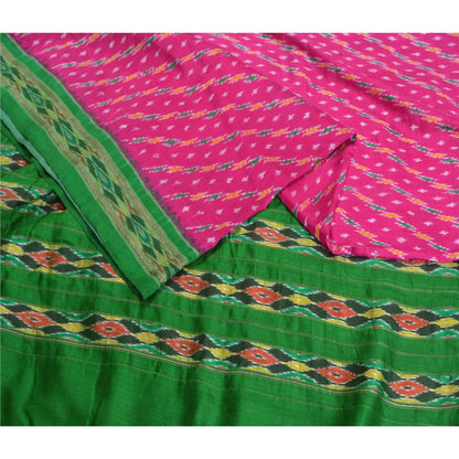 Sanskriti Vintage Saree Pink Pochampally Hand Woven Ikat Pure Silk Sari Fabric