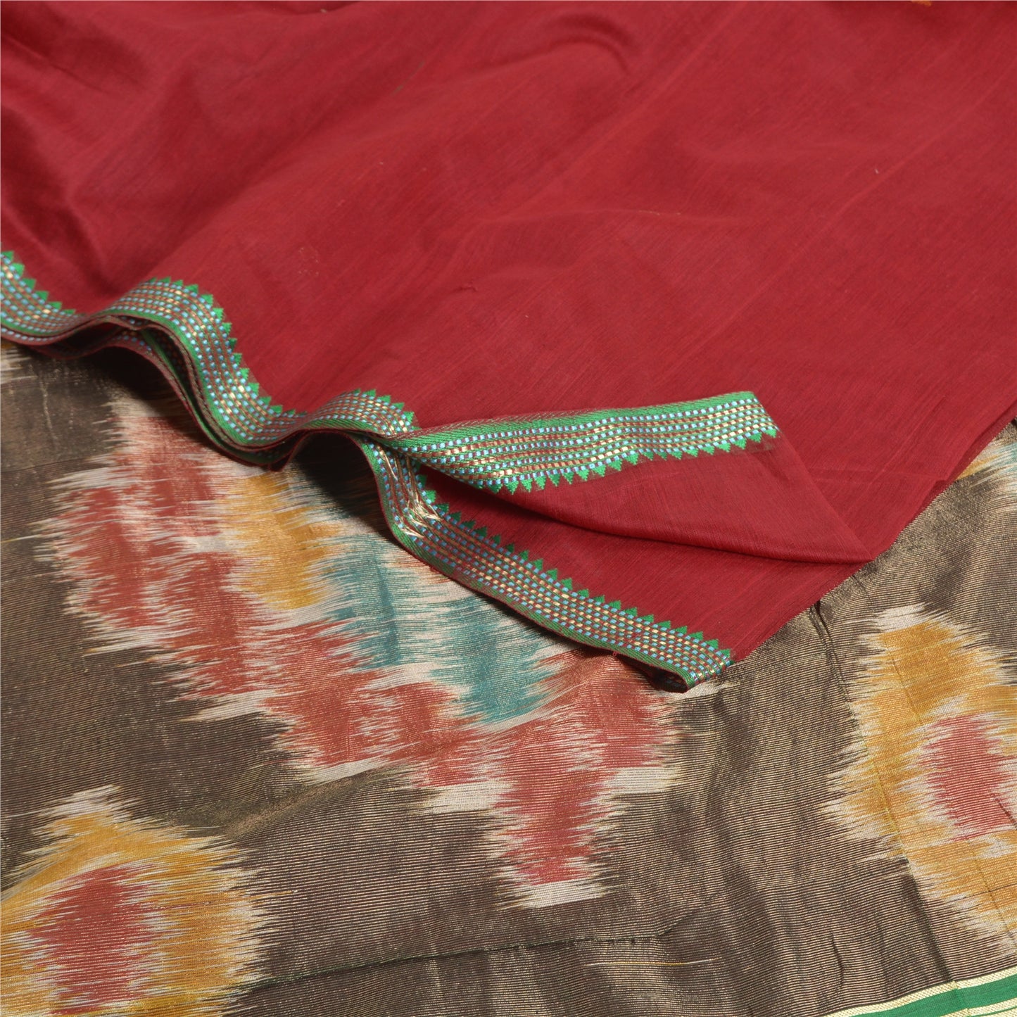 Sanskriti Vintage Saree Red Cotton Silk Sambhalpuri Hand Woven Ikat Sari Fabric