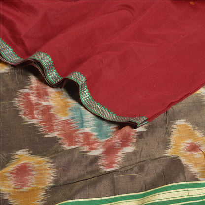 Sanskriti Vintage Saree Red Cotton Silk Sambhalpuri Hand Woven Ikat Sari Fabric
