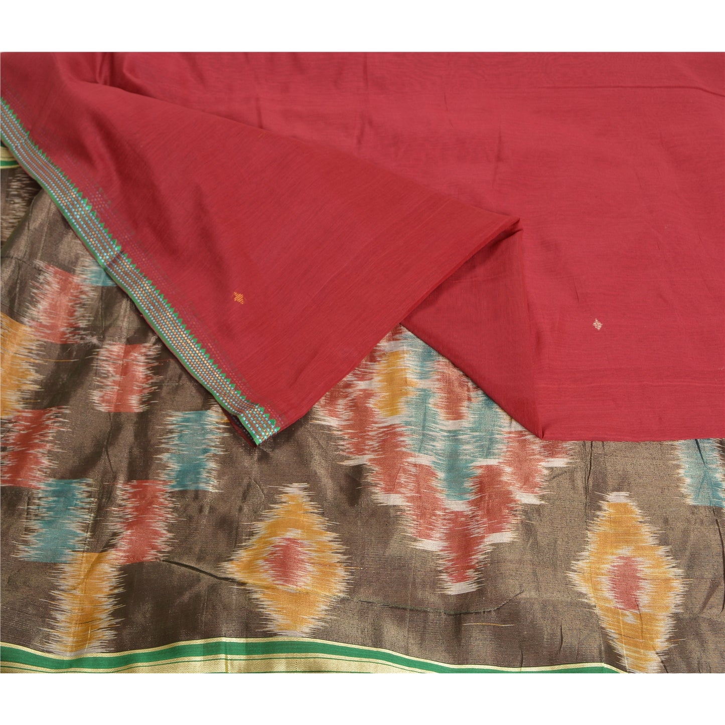 Sanskriti Vintage Saree Red Cotton Silk Sambhalpuri Hand Woven Ikat Sari Fabric