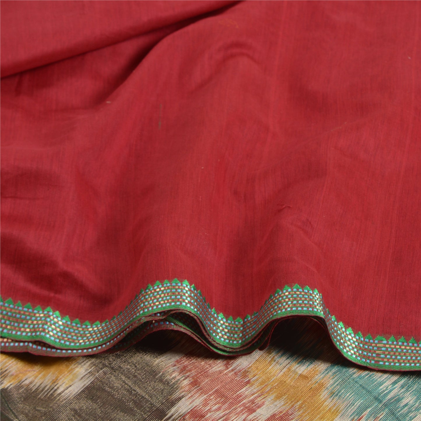 Sanskriti Vintage Saree Red Cotton Silk Sambhalpuri Hand Woven Ikat Sari Fabric