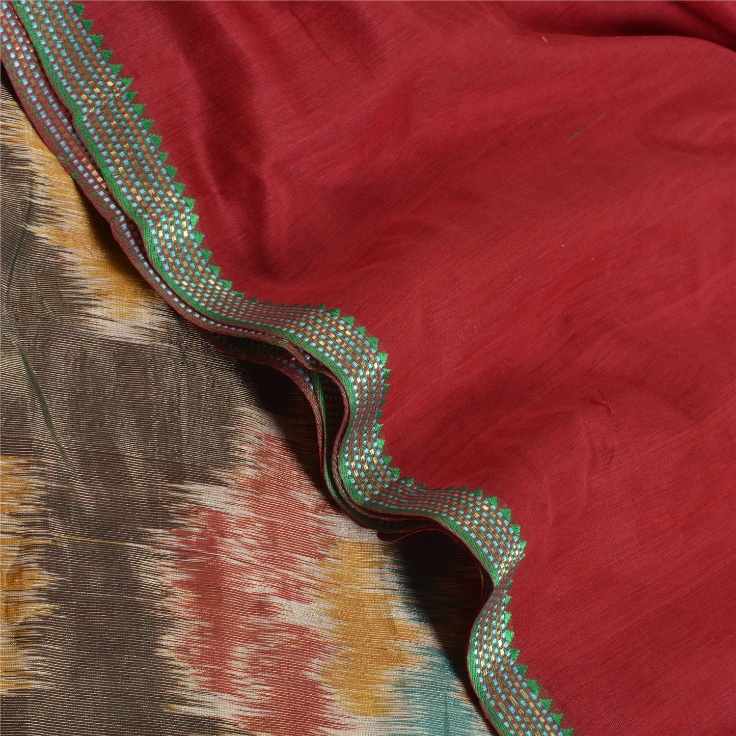 Sanskriti Vintage Saree Red Cotton Silk Sambhalpuri Hand Woven Ikat Sari Fabric