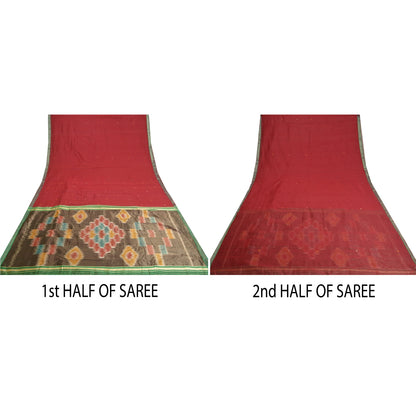 Sanskriti Vintage Saree Red Cotton Silk Sambhalpuri Hand Woven Ikat Sari Fabric