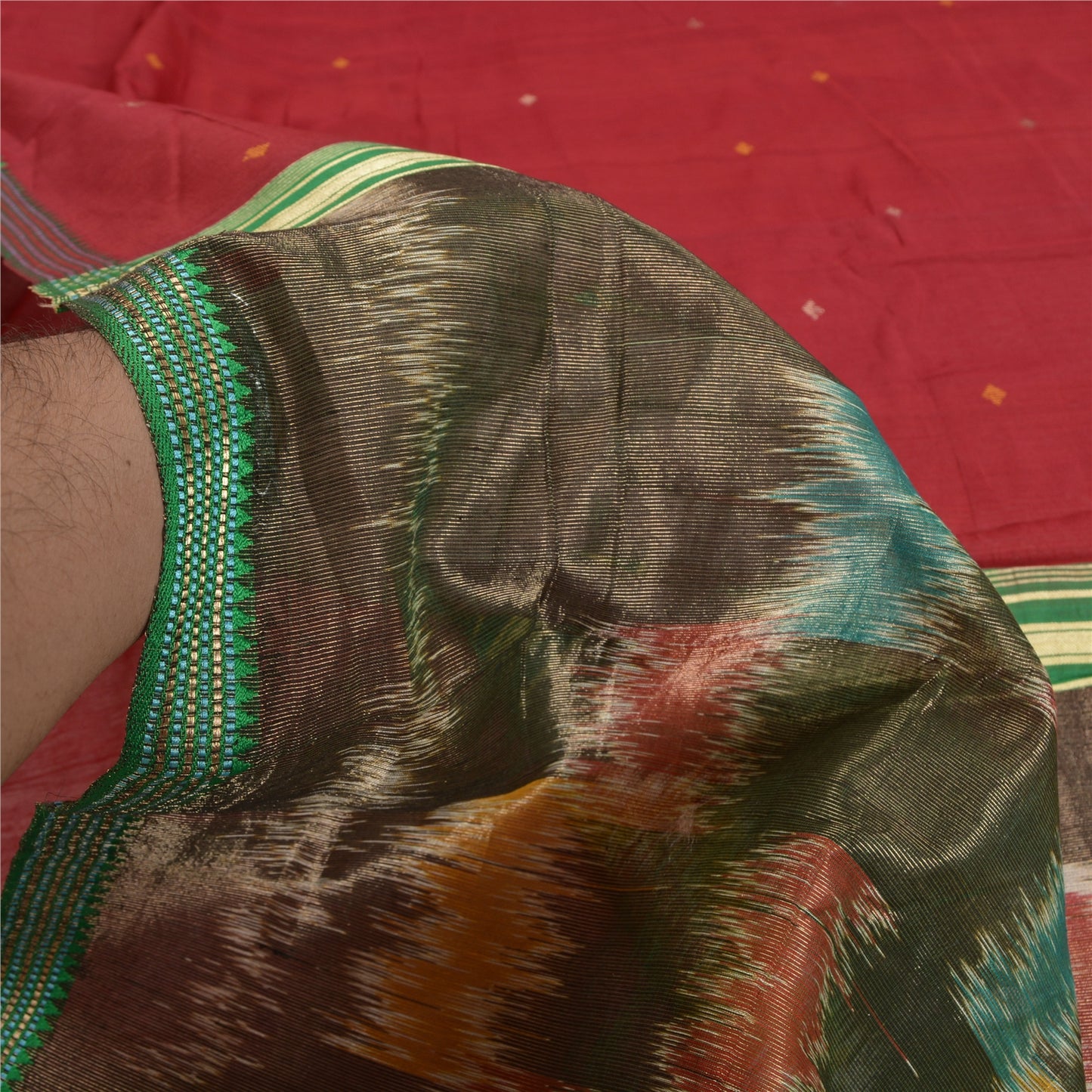 Sanskriti Vintage Saree Red Cotton Silk Sambhalpuri Hand Woven Ikat Sari Fabric