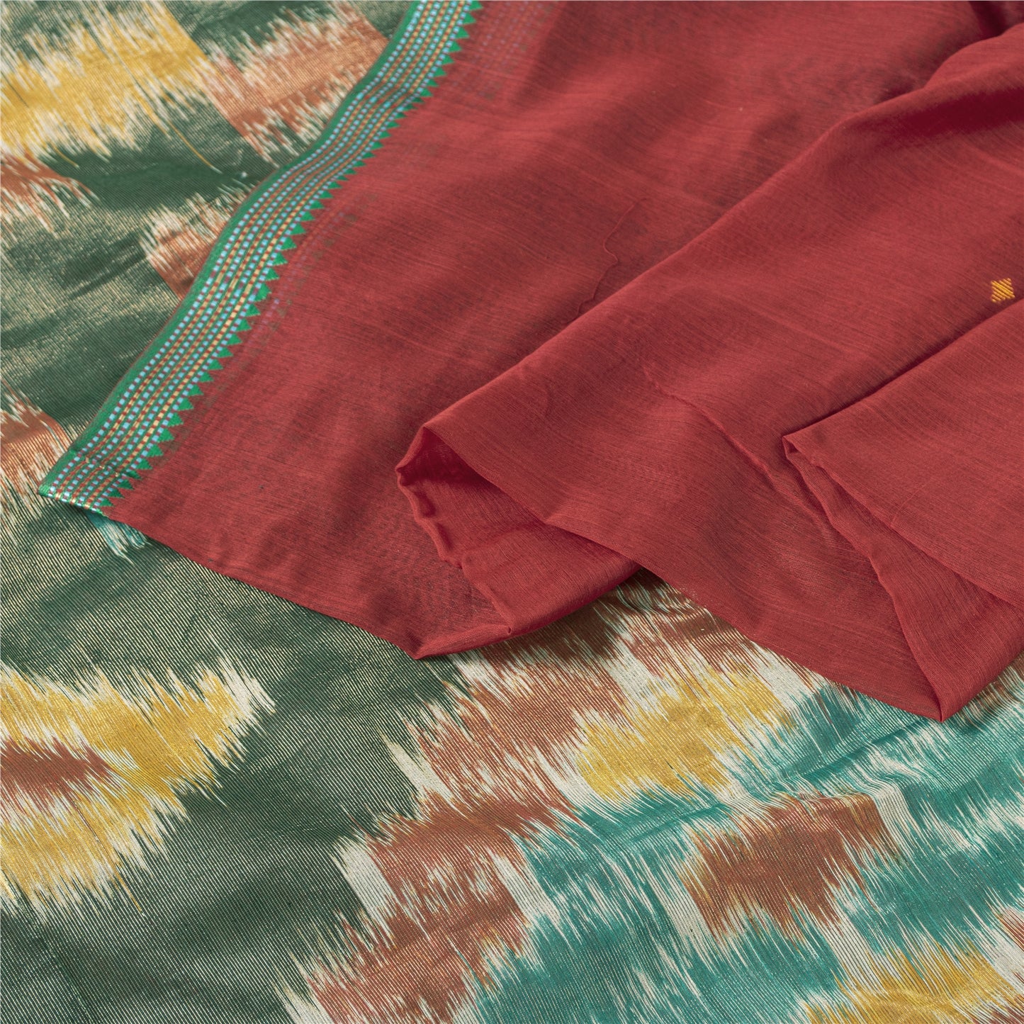 Sanskriti Vintage Saree Red Cotton Silk Sambhalpuri Hand Woven Ikat Sari Fabric
