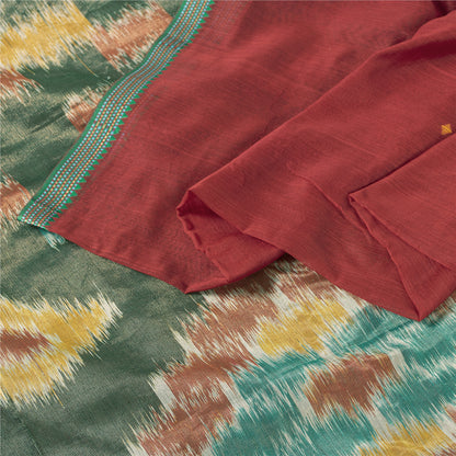 Sanskriti Vintage Saree Red Cotton Silk Sambhalpuri Hand Woven Ikat Sari Fabric