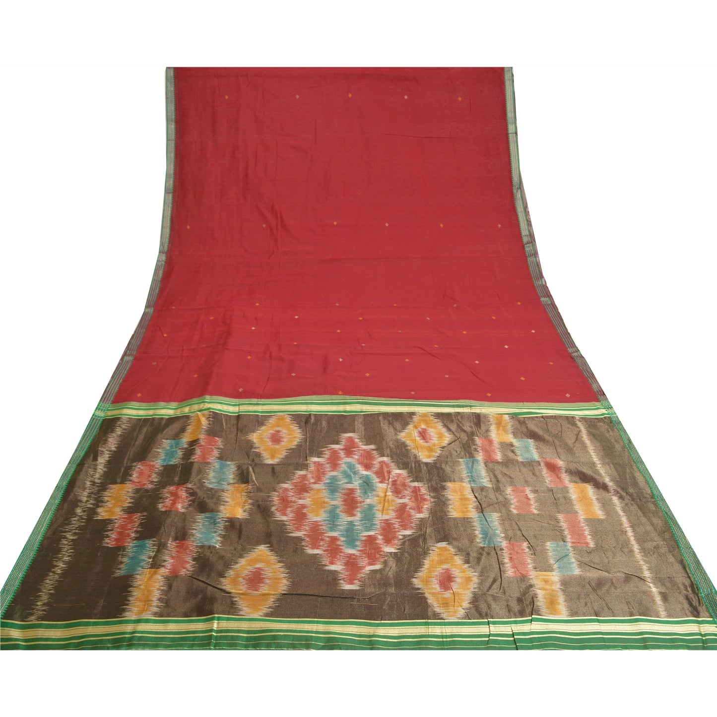 Sanskriti Vintage Saree Red Cotton Silk Sambhalpuri Hand Woven Ikat Sari Fabric
