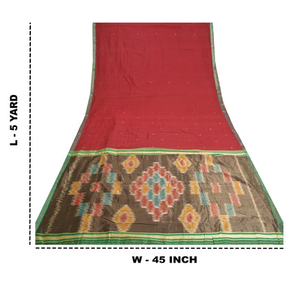 Sanskriti Vintage Saree Red Cotton Silk Sambhalpuri Hand Woven Ikat Sari Fabric