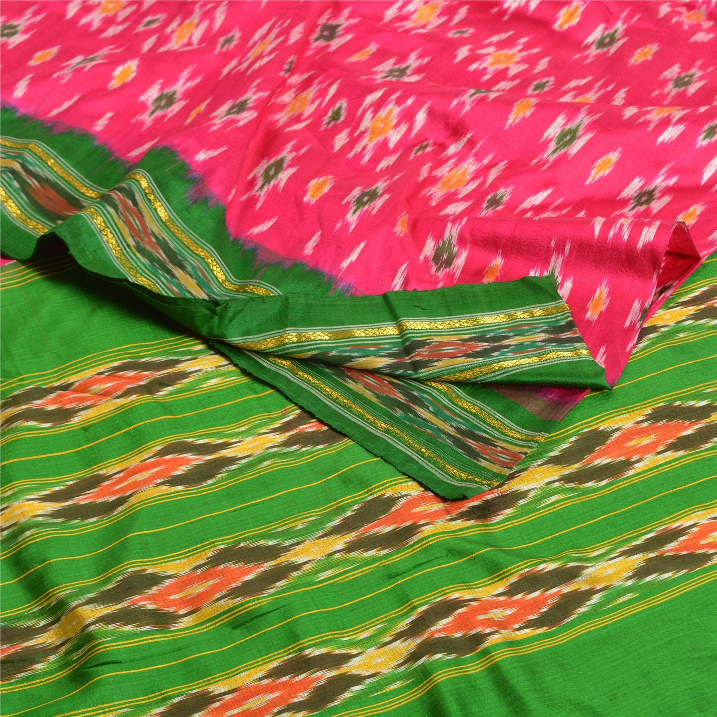 Sanskriti Vintage Saree Pink Pochampally Hand Woven Ikat Pure Silk Sari Fabric