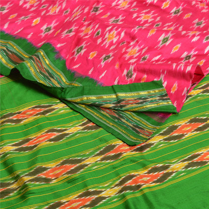 Sanskriti Vintage Saree Pink Pochampally Hand Woven Ikat Pure Silk Sari Fabric