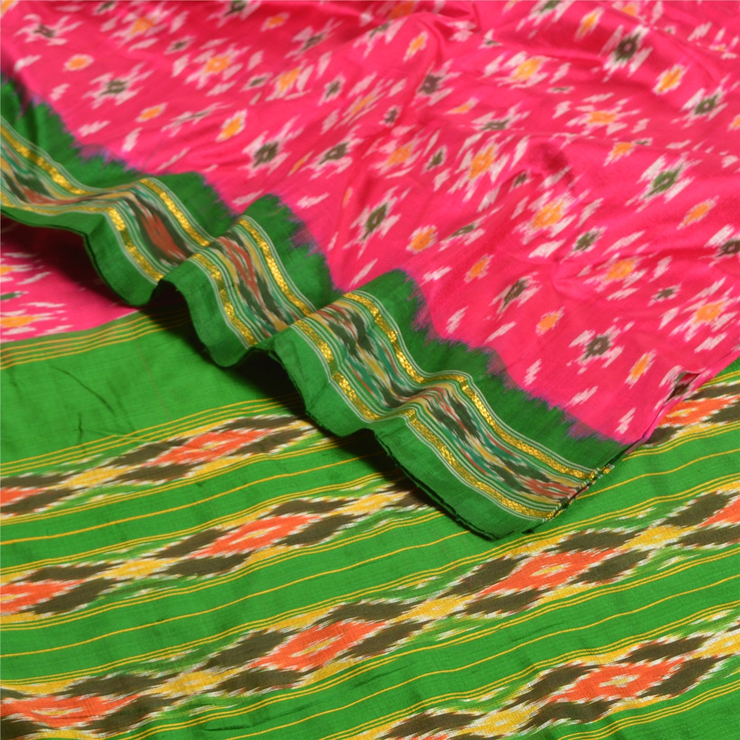 Sanskriti Vintage Saree Pink Pochampally Hand Woven Ikat Pure Silk Sari Fabric